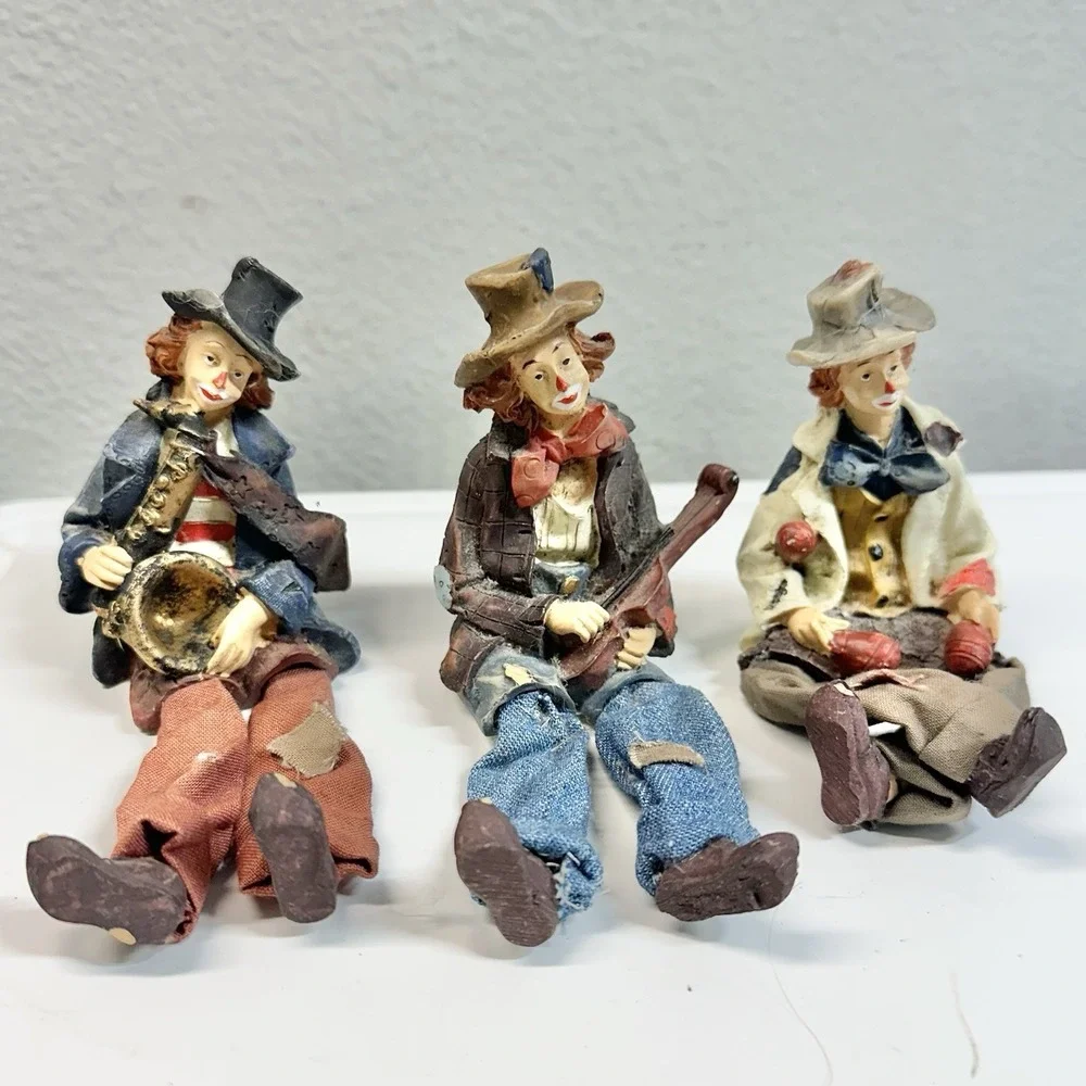 Vintage Shelf Sitter Clown Musicians Set of 3 Resin Fabric Legs 3-3.5